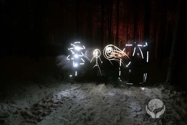 Световое шоу в зимнем ночном лесу